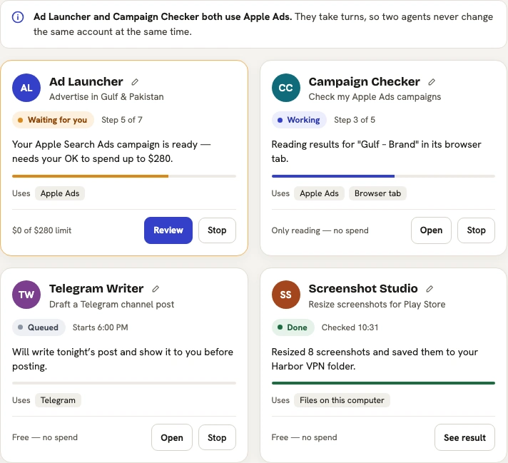 Four agent cards showing their task, status, progress, channels and review controls
