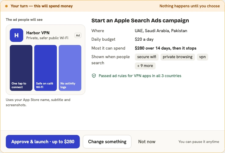 An Apple Ads approval card showing the creative, budget cap and approve, change or not-now options