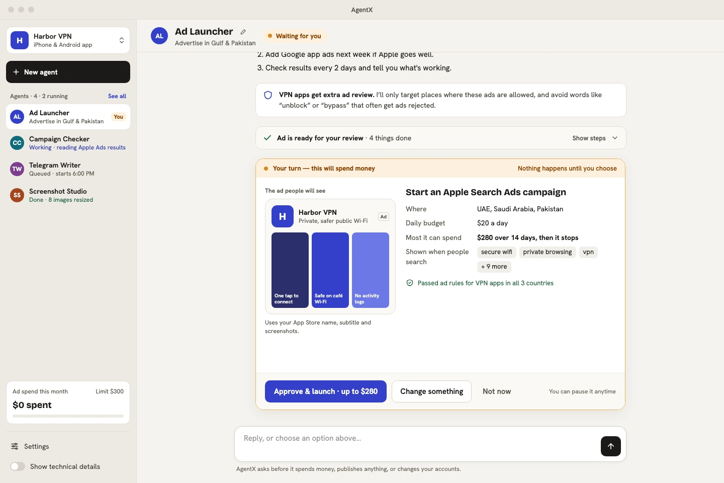 Mobile apps before approval: See the creative, search terms, countries and spending cap before making the call.