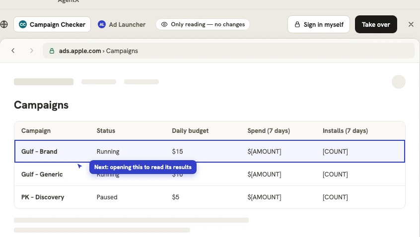 Campaign Checker conversation beside its read-only Apple Ads browser with sign-in and takeover controls