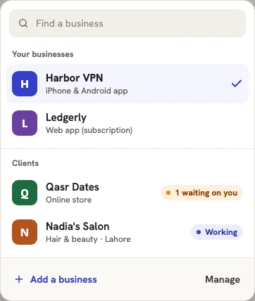 Business switcher with separate own-business and client lists, search and attention statuses